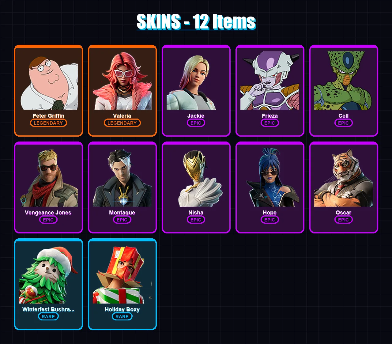 [PS4/PS5/XBOX/PC] | Peter Griffin | Valeria | Jackie | Frieza | Cell | 12 skin | 8 pickaxe | 8 emote | 9 glider | Lv136 — Fortnite account