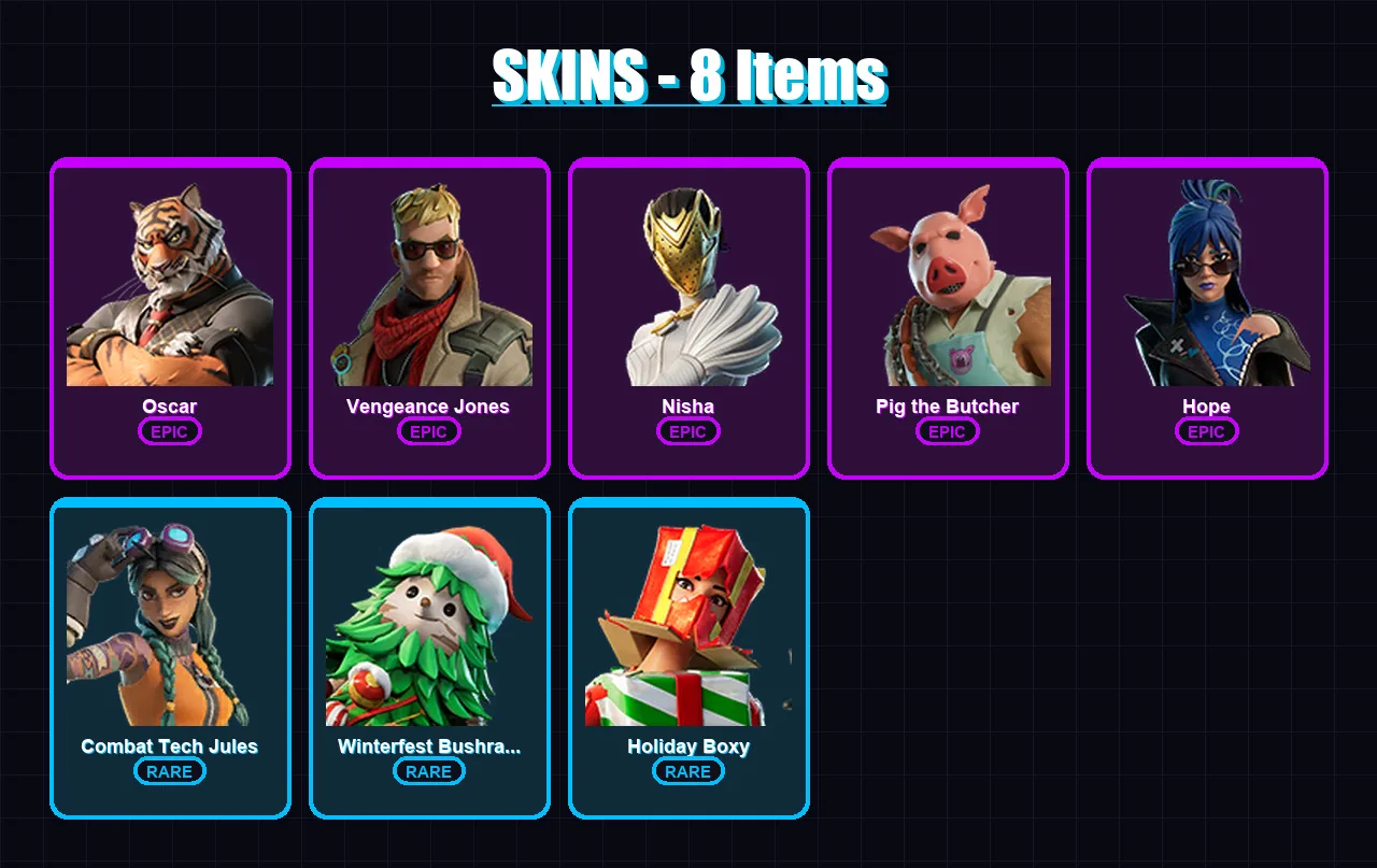 [PC/PSN] | Oscar | Vengeance Jones | Nisha | Pig the Butcher | Hope | 8 skin | 32 pickaxe | 18 emote | 32 glider | Lv288