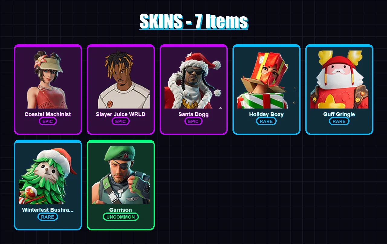 [PC/PSN] | Coastal Machinist | Slayer Juice WRLD | Santa Dogg | Holiday Boxy | Guff Gringle | 7 skin | 45 pickaxe | 25 emote | 32 glider | Lv535