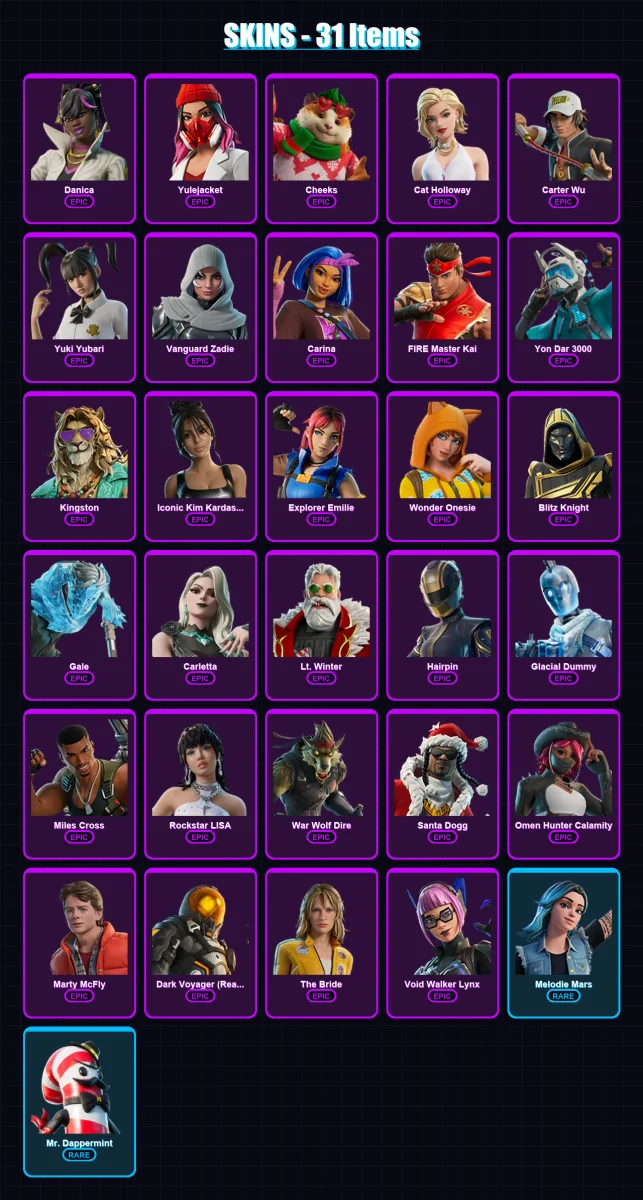 [PC/PSN] | Danica | Yulejacket | Cheeks | Cat Holloway | Carter Wu | 31 skin | 81 pickaxe | 38 emote | 47 glider | Lv588