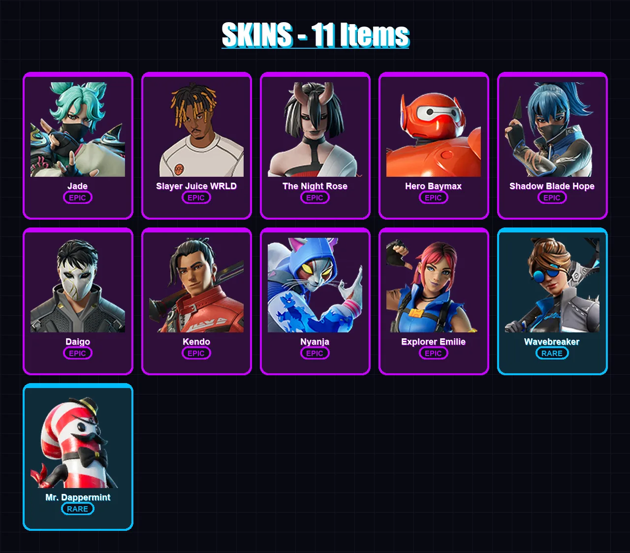 [PC/XBOX/PSN] | Jade | Slayer Juice WRLD | The Night Rose | Hero Baymax | Shadow Blade Hope | 11 skin | 21 pickaxe | 12 emote | 14 glider | Lv249