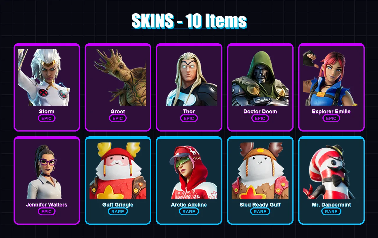 [PC/PSN] | Storm | Groot | Thor | Doctor Doom | Explorer Emilie | 10 skin | 15 pickaxe | 10 emote | 19 glider | Lv246
