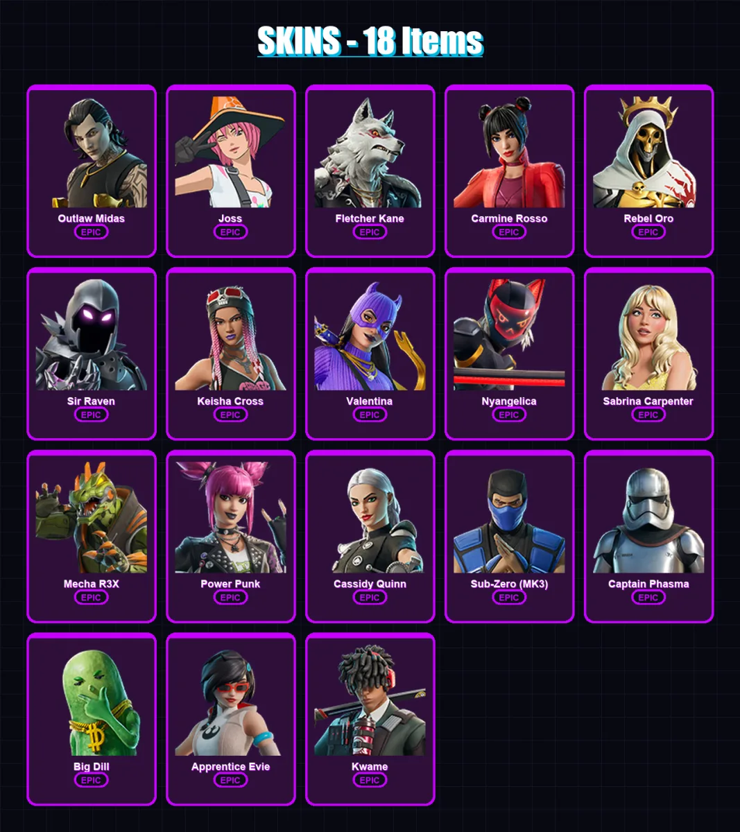 [PC/XBOX/PSN] | Outlaw Midas | Joss | Fletcher Kane | Carmine Rosso | Rebel Oro | 18 skin | 32 pickaxe | 22 emote | 18 glider | Lv235