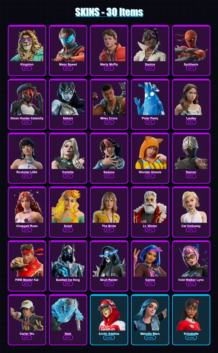 [PC/PSN] | Kingston | Maxx Speed | Marty McFly | Danica | Synthesis | 30 skin | 41 pickaxe | 27 emote | 28 glider | Lv361