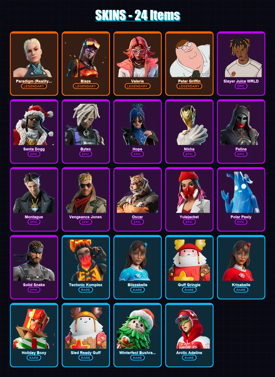 [PC/XBOX/PSN] | Paradigm (Reality-659) | Blaze | Valeria | Peter Griffin | Slayer Juice WRLD | 24 skin | 50 pickaxe | 31 emote | 46 glider | Lv976