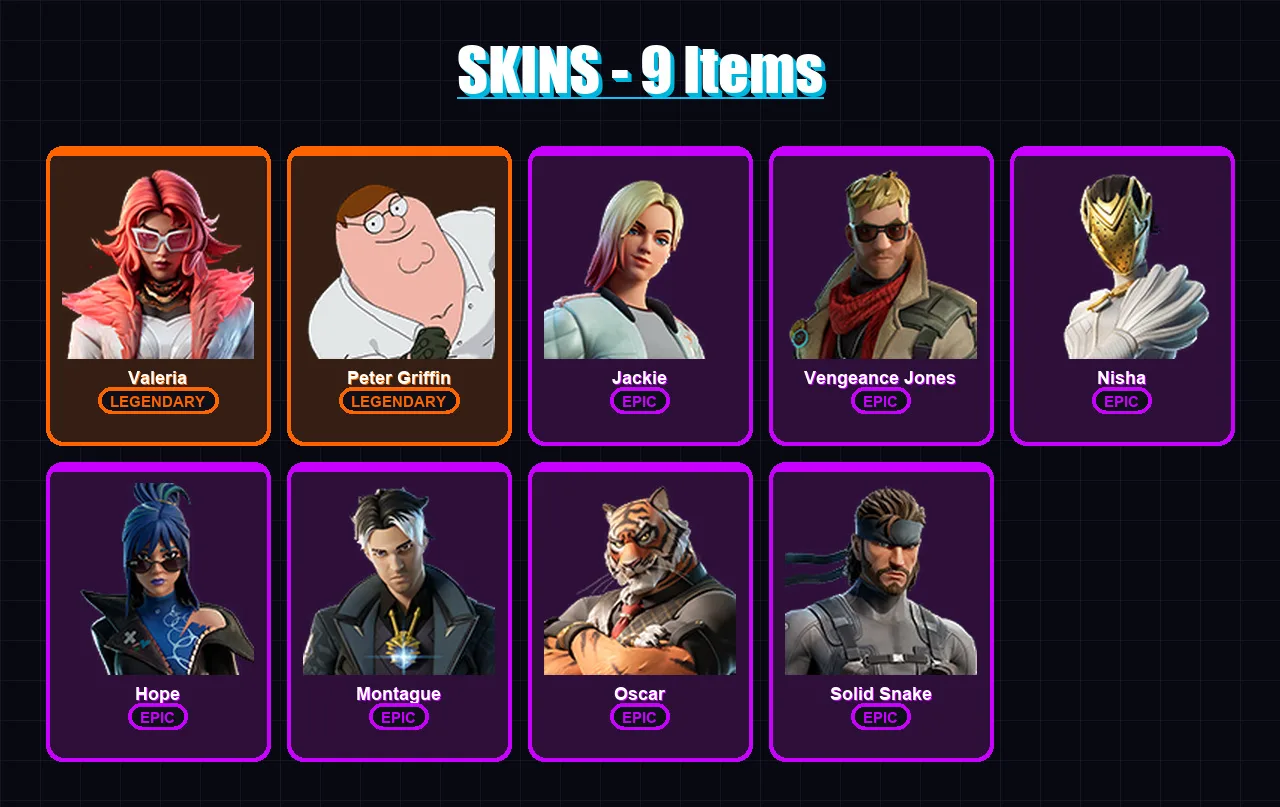[PC/PSN] | Valeria | Peter Griffin | Jackie | Vengeance Jones | Nisha | 9 skin | 28 pickaxe | 20 emote | 17 glider | Lv263