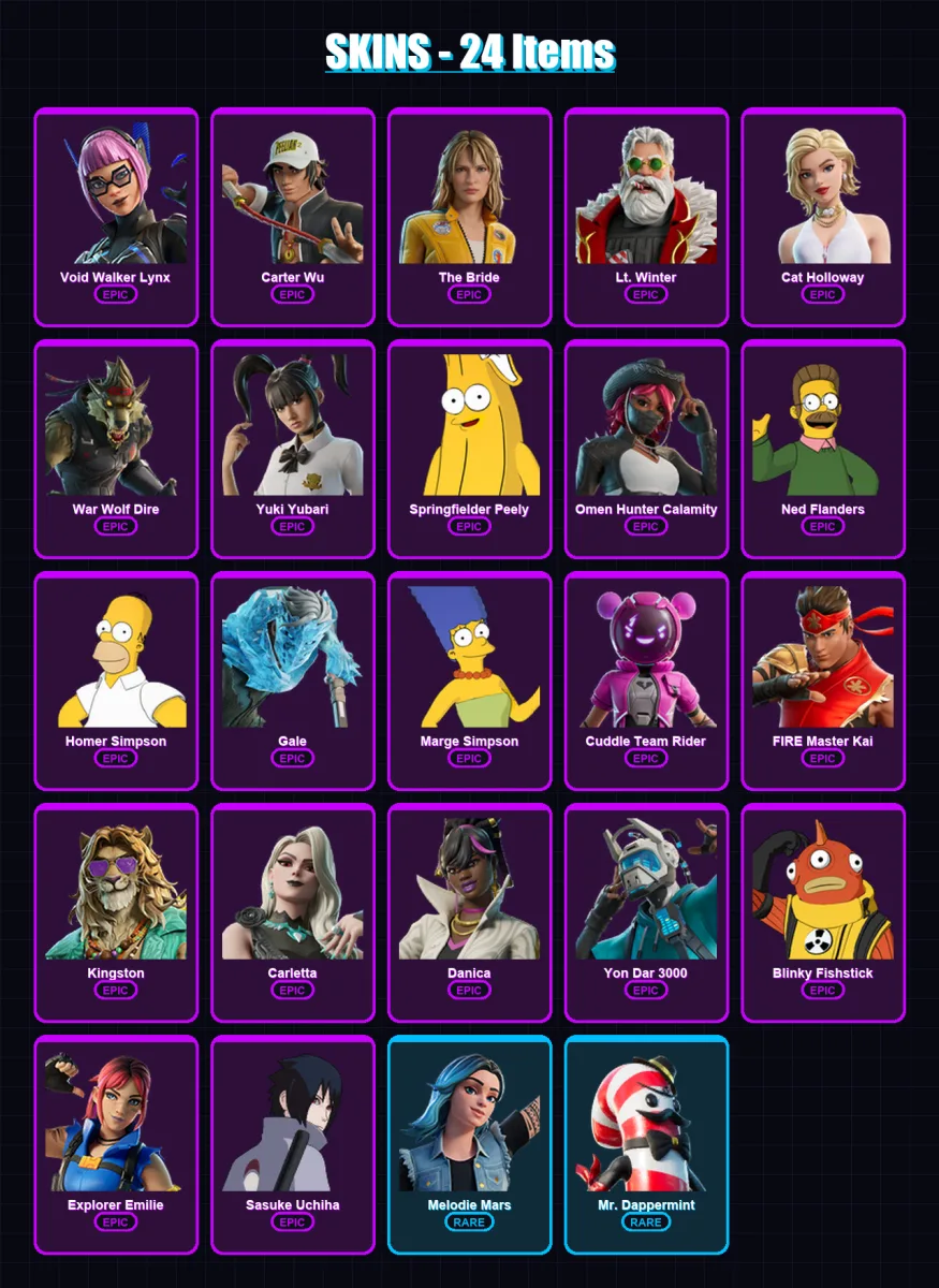 [PC/XBOX/PSN] | Void Walker Lynx | Carter Wu | The Bride | Lt. Winter | Cat Holloway | 24 skin | 28 pickaxe | 24 emote | 18 glider | Lv292