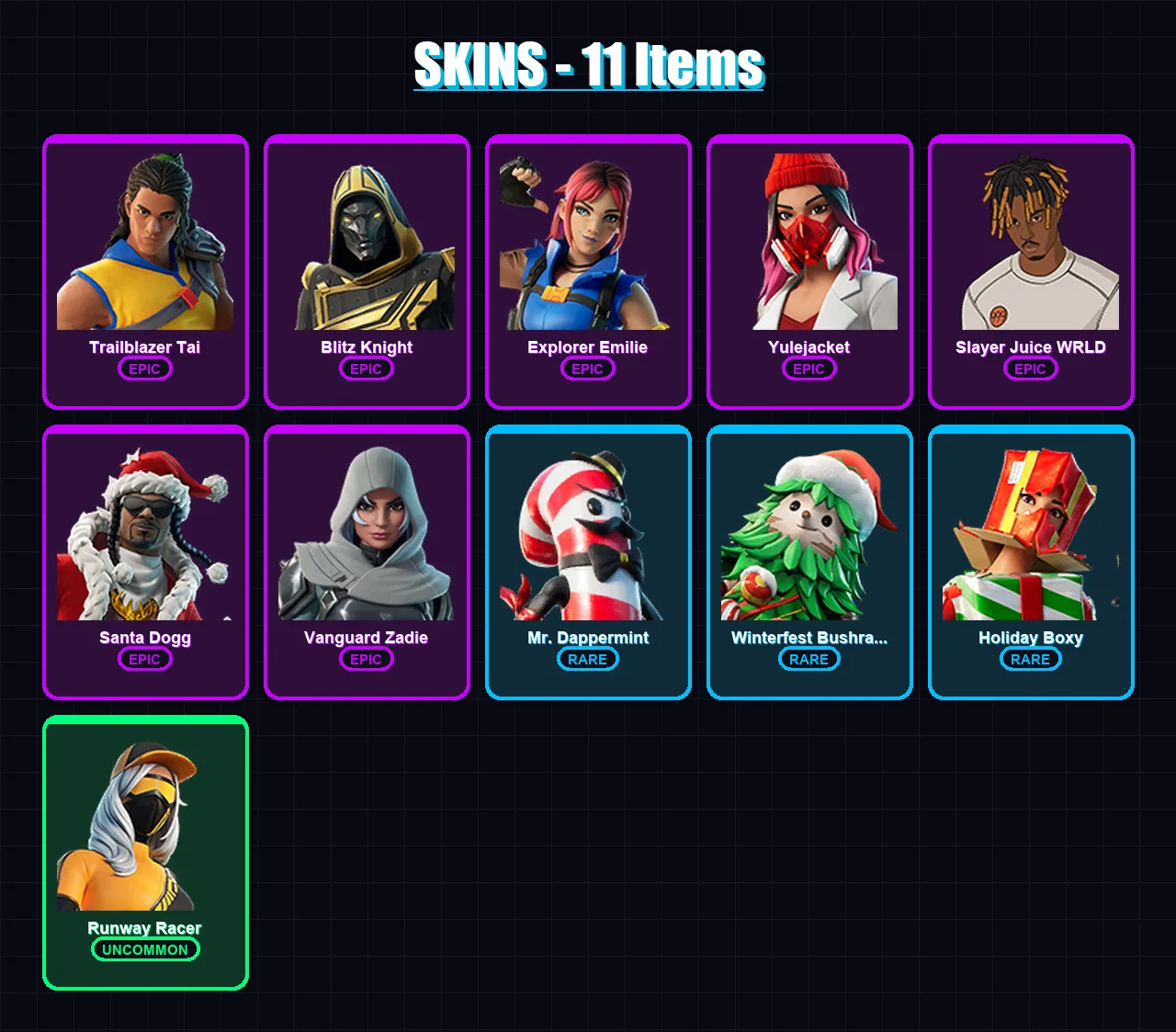 [PC/PSN] | Trailblazer Tai | Blitz Knight | Explorer Emilie | Yulejacket | Slayer Juice WRLD | 11 skin | 43 pickaxe | 17 emote | 29 glider | Lv445
