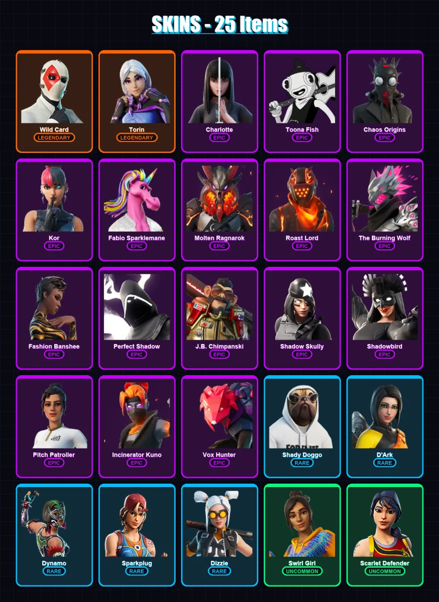 [PC/XBOX/PSN] | Wild Card | Torin | Charlotte | Toona Fish | Chaos Origins | 25 skin | 33 pickaxe | 18 emote | 21 glider | Lv258