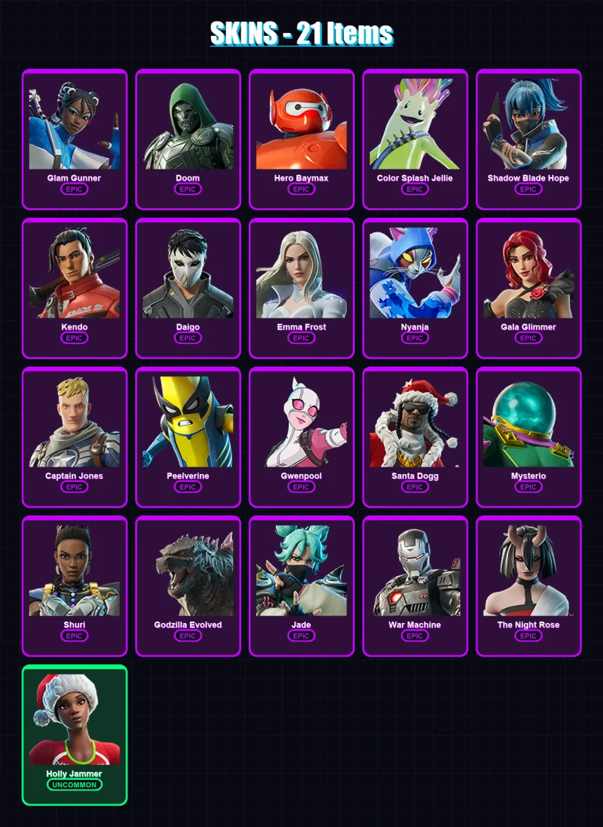 [PC/XBOX/PSN] | Glam Gunner | Doom | Hero Baymax | Color Splash Jellie | Shadow Blade Hope | 21 skin | 30 pickaxe | 23 emote | 22 glider | Lv447 — Fortnite account