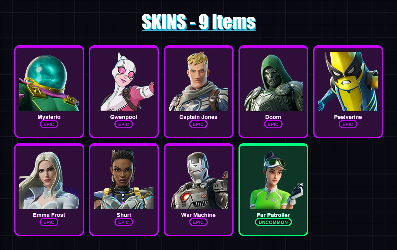[PC/XBOX/PSN] | Mysterio | Gwenpool | Captain Jones | Doom | Peelverine | 9 skin | 16 pickaxe | 12 emote | 11 glider | Lv224