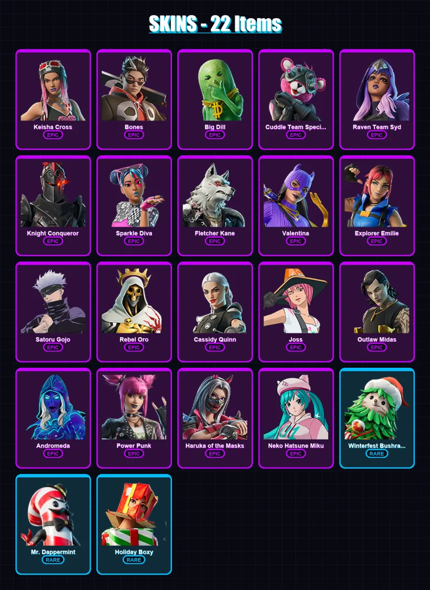 [PS4/PS5/XBOX/PC] | Keisha Cross | Bones | Big Dill | Cuddle Team Specialist | Raven Team Syd | 22 skin | 36 pickaxe | 23 emote | 27 glider | Lv319 — Fortnite account