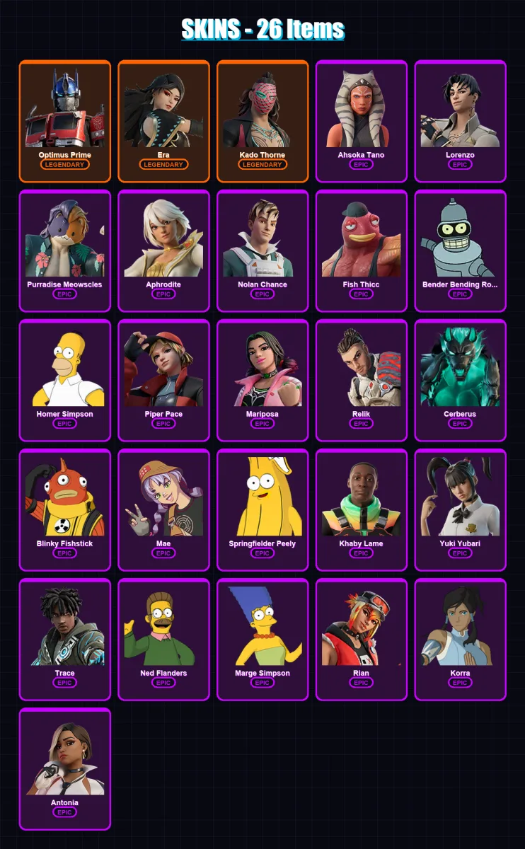 [PC/XBOX/PSN] | Optimus Prime | Era | Kado Thorne | Ahsoka Tano | Lorenzo | 26 skin | 38 pickaxe | 33 emote | 32 glider | Lv544