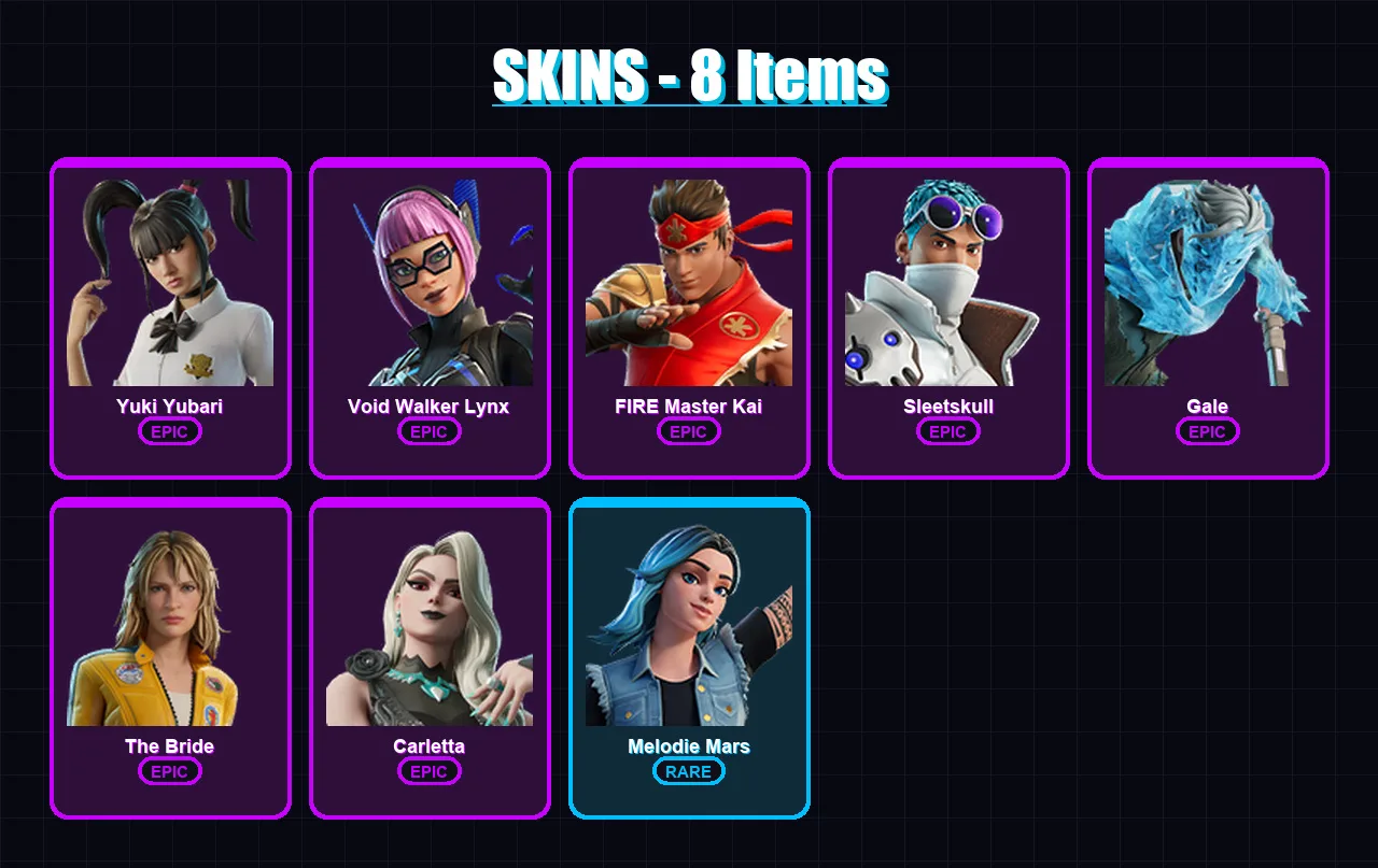 [PC/XBOX/PSN] | Yuki Yubari | Void Walker Lynx | FIRE Master Kai | Sleetskull | Gale | 8 skin | 7 pickaxe | 4 emote | 2 glider | Lv22