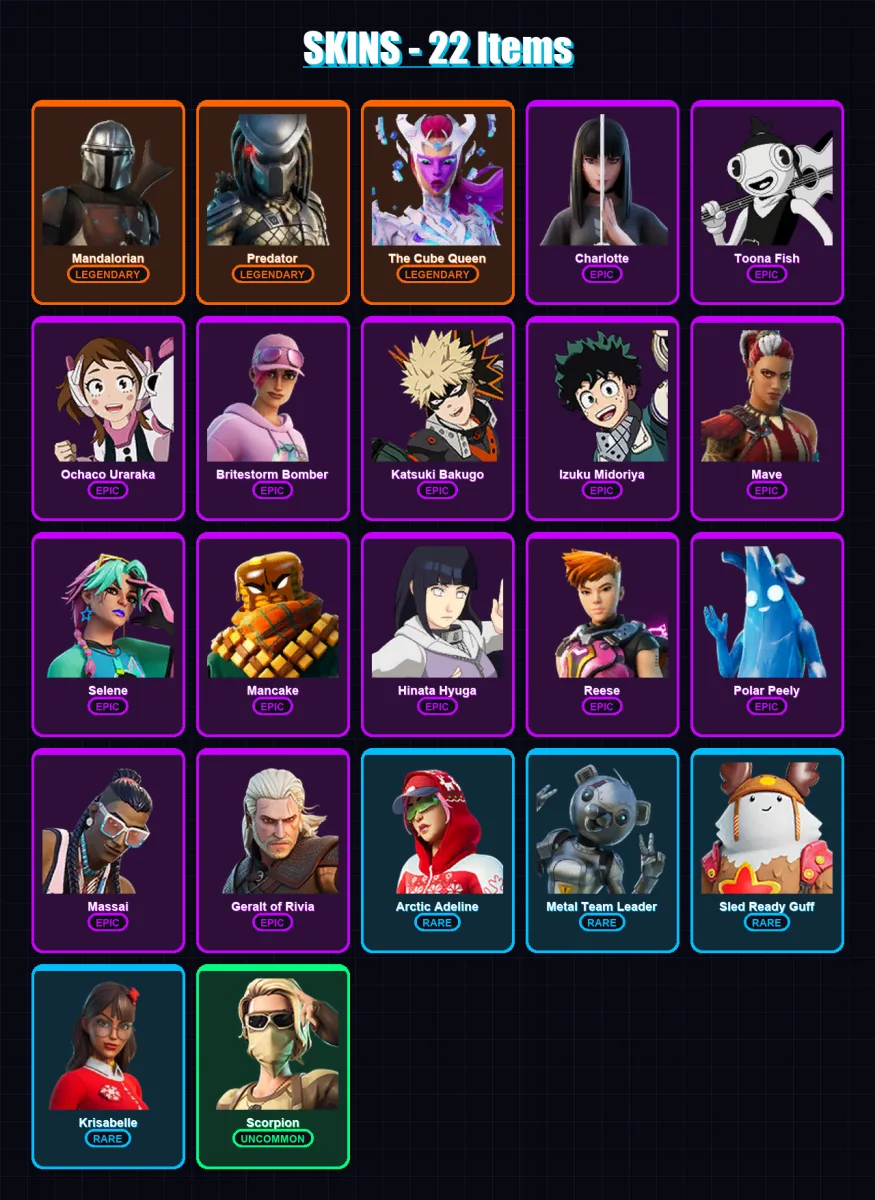 [PC/PSN] | Mandalorian | Predator | The Cube Queen | Charlotte | Toona Fish | 22 skin | 32 pickaxe | 42 emote | 38 glider | Lv501