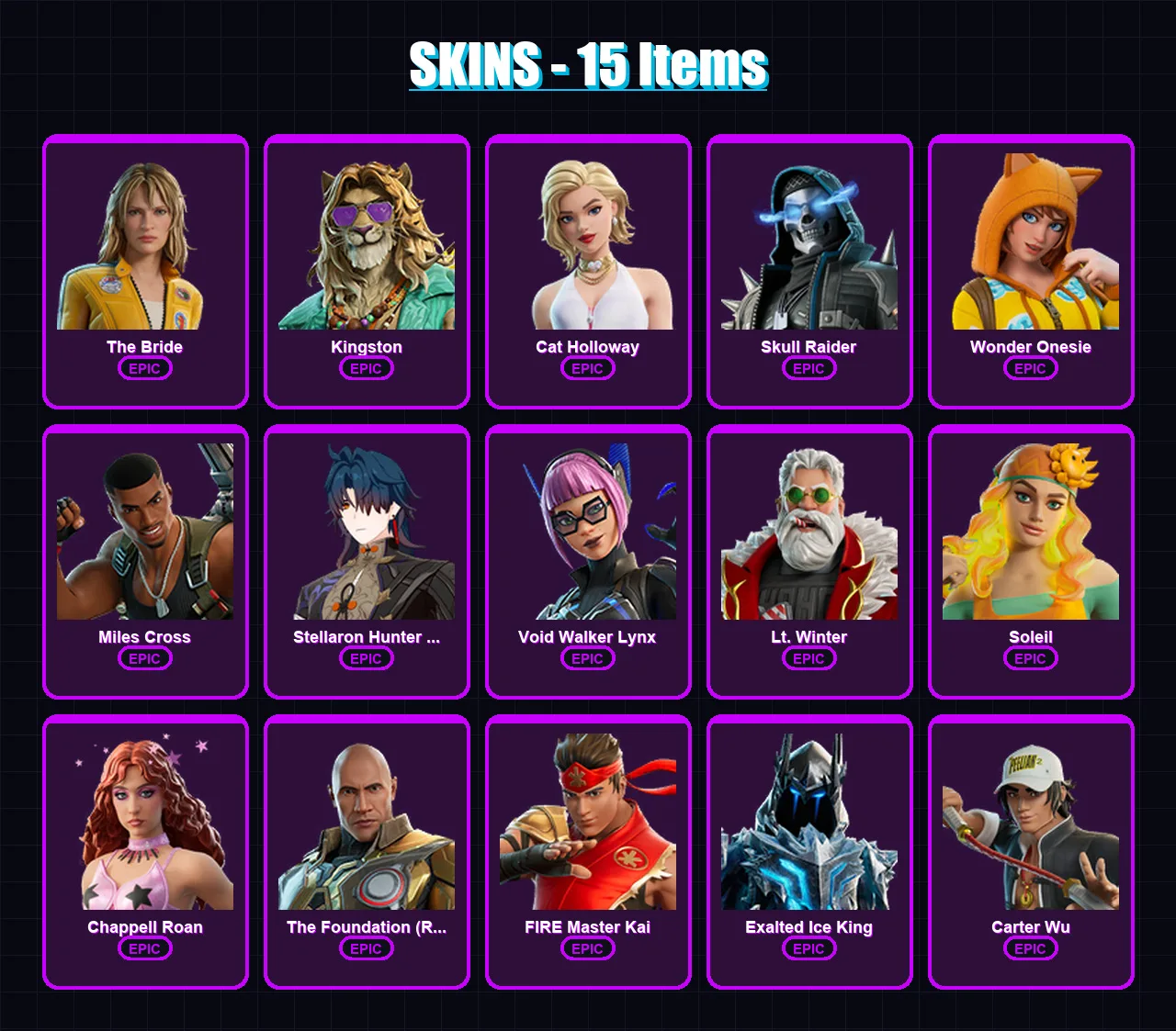 [PC/PSN] | The Bride | Kingston | Cat Holloway | Skull Raider | Wonder Onesie | 15 skin | 18 pickaxe | 13 emote | 12 glider | Lv63
