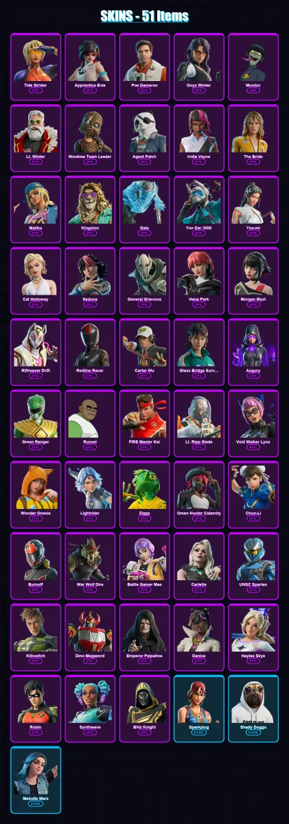 [PC/XBOX/PSN] | Tide Strider | Apprentice Evie | Poe Dameron | Onyx Winter | Murdoc | 51 skin | 70 pickaxe | 53 emote | 42 glider | Lv396