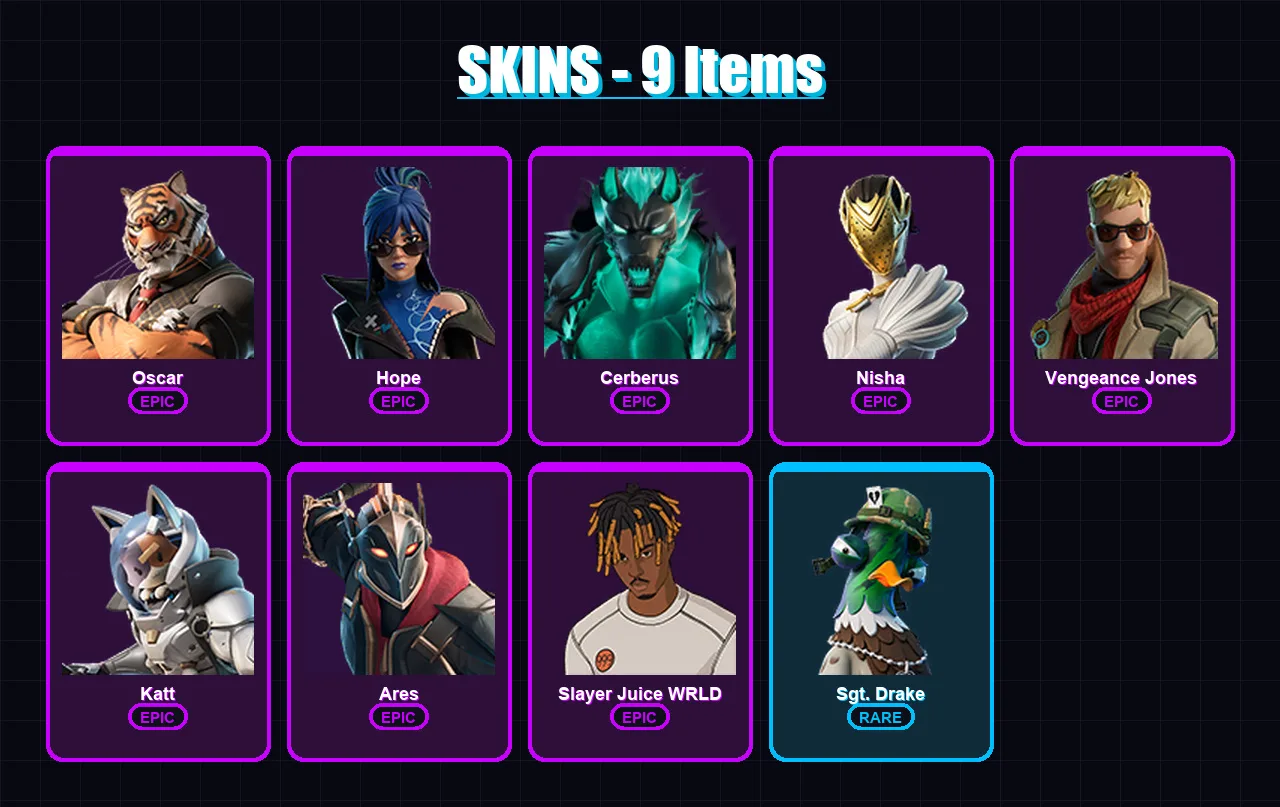 [PS4/PS5/XBOX/PC] | Oscar | Hope | Cerberus | Nisha | Vengeance Jones | 9 skin | 14 pickaxe | 5 emote | 8 glider | Lv72