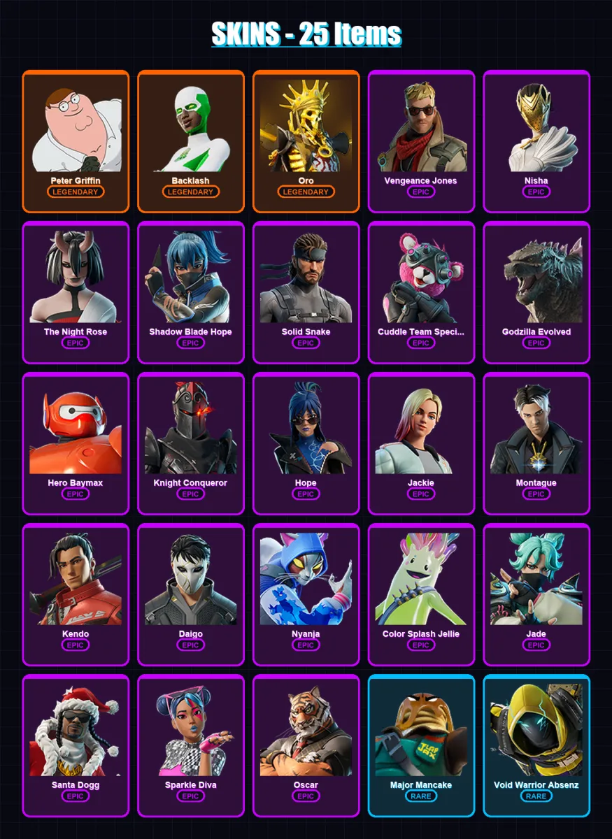 [PC/XBOX/PSN] | Peter Griffin | Backlash | Oro | Vengeance Jones | Nisha | 25 skin | 59 pickaxe | 38 emote | 47 glider | Lv555