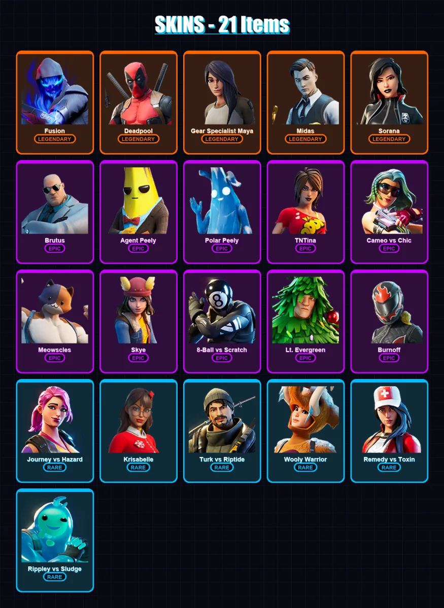 [PC/PSN] | Fusion | Deadpool | Gear Specialist Maya | Midas | Sorana | 21 skin | 31 pickaxe | 40 emote | 37 glider | Lv609
