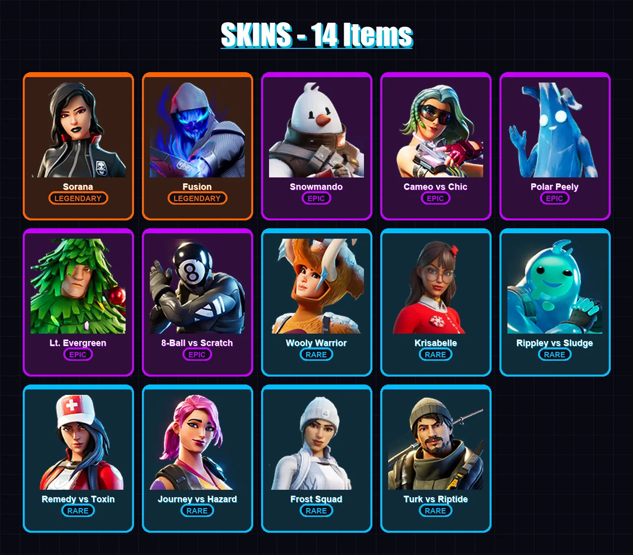 [PC/XBOX/PSN] | Sorana | Fusion | Snowmando | Cameo vs Chic | Polar Peely | 14 skin | 30 pickaxe | 34 emote | 34 glider | Lv768 — Fortnite account