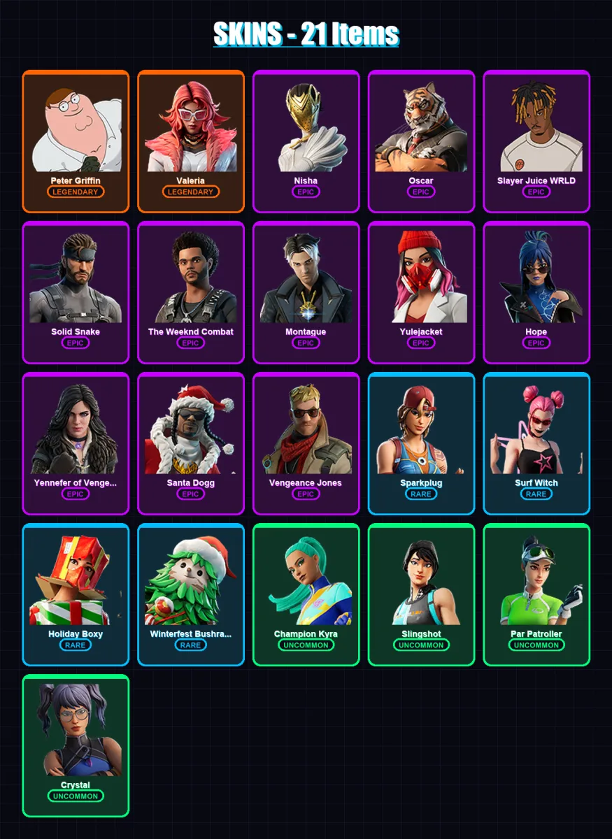 [PS4/PS5/XBOX/PC] | Peter Griffin | Valeria | Nisha | Oscar | Slayer Juice WRLD | 21 skin | 23 pickaxe | 11 emote | 13 glider | Lv178