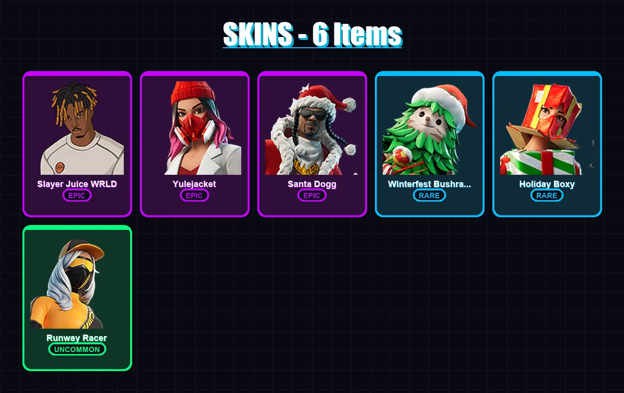 [PC/PSN] | Slayer Juice WRLD | Yulejacket | Santa Dogg | Winterfest Bushranger | Holiday Boxy | 6 skin | 26 pickaxe | 15 emote | 25 glider | Lv400