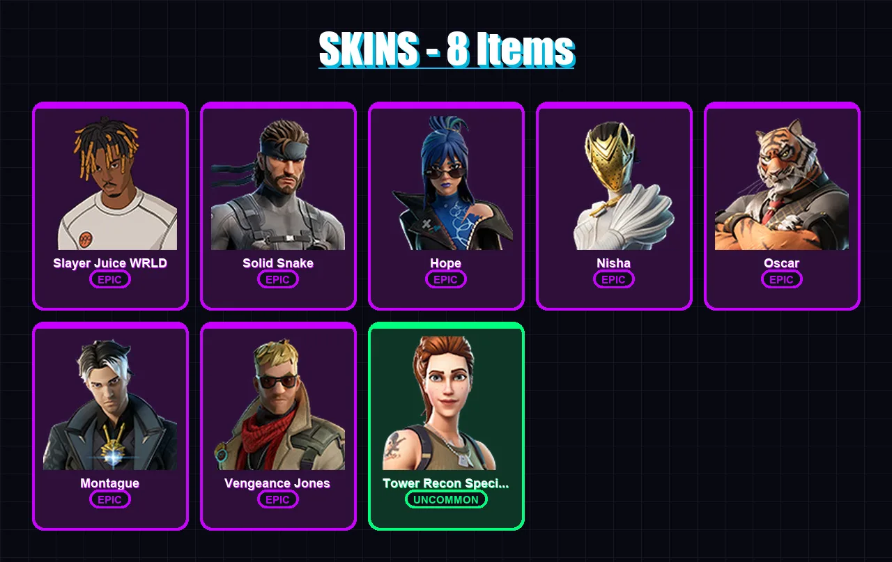 [PC/XBOX] | Slayer Juice WRLD | Solid Snake | Hope | Nisha | Oscar | 8 skin | 14 pickaxe | 9 emote | 13 glider | Lv154
