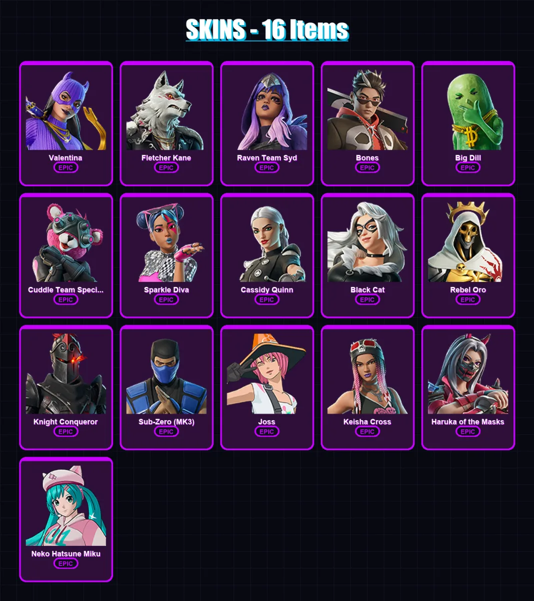 [PC/XBOX/PSN] | Valentina | Fletcher Kane | Raven Team Syd | Bones | Big Dill | 16 skin | 25 pickaxe | 17 emote | 16 glider | Lv137