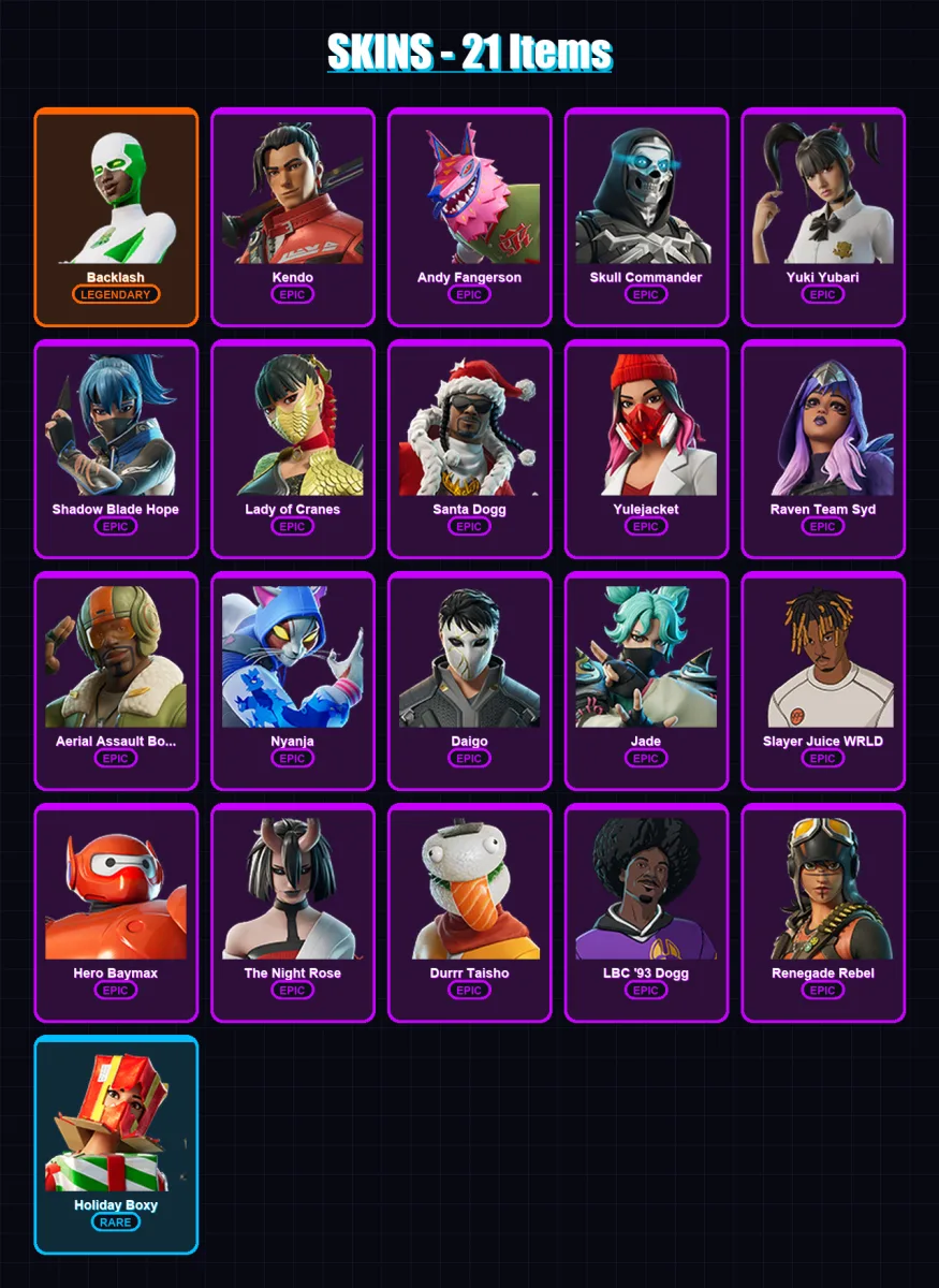[PC/PSN] | Backlash | Kendo | Andy Fangerson | Skull Commander | Yuki Yubari | 21 skin | 55 pickaxe | 27 emote | 32 glider | Lv401