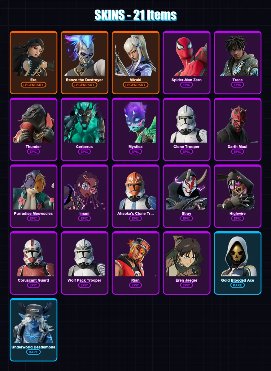 [SWITCH/PSN/PC] | Era | Renzo the Destroyer | Mizuki | Spider-Man Zero | Trace | 21 skin | 28 pickaxe | 23 emote | 30 glider | Lv457