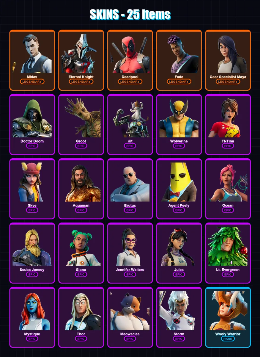 [PC/XBOX/PSN] | Midas | Eternal Knight | Deadpool | Fade | Gear Specialist Maya | 25 skin | 28 pickaxe | 26 emote | 33 glider | Lv555