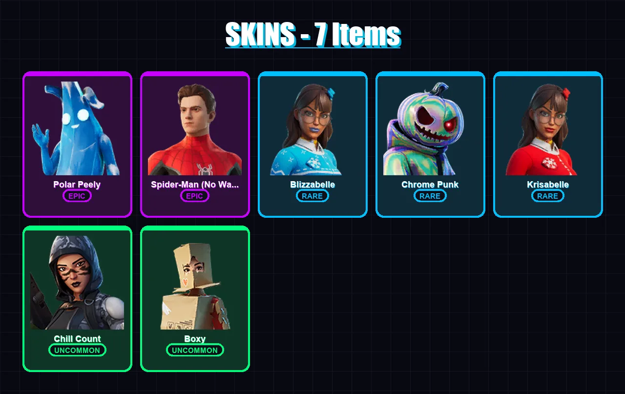 [PC/XBOX/PSN] | Polar Peely | Spider-Man (No Way Home) | Blizzabelle | Chrome Punk | Krisabelle | 7 skin | 16 pickaxe | 24 emote | 15 glider | Lv517