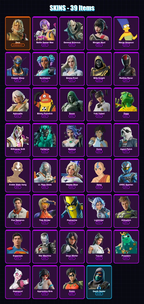 [PS4/PS5/XBOX/PC] | Zeus | Battle Gamer Mae | General Grievous | Morgan Myst | Marge Simpson | 39 skin | 60 pickaxe | 42 emote | 42 glider | Lv476