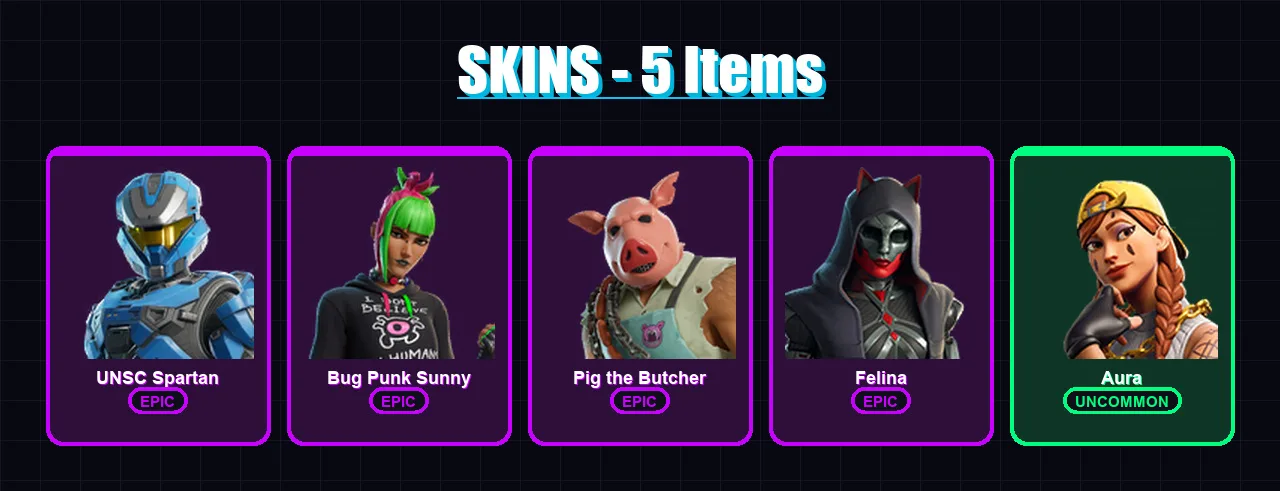 [PC/XBOX/PSN] | UNSC Spartan | Bug Punk Sunny | Pig the Butcher | Felina | Aura | 5 skin | 40 pickaxe | 17 emote | 25 glider | Lv441
