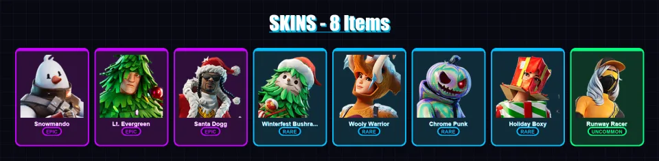 [PC/XBOX] | Snowmando | Lt. Evergreen | Santa Dogg | Winterfest Bushranger | Wooly Warrior | 8 skin | 32 pickaxe | 20 emote | 30 glider | Lv436 — main preview