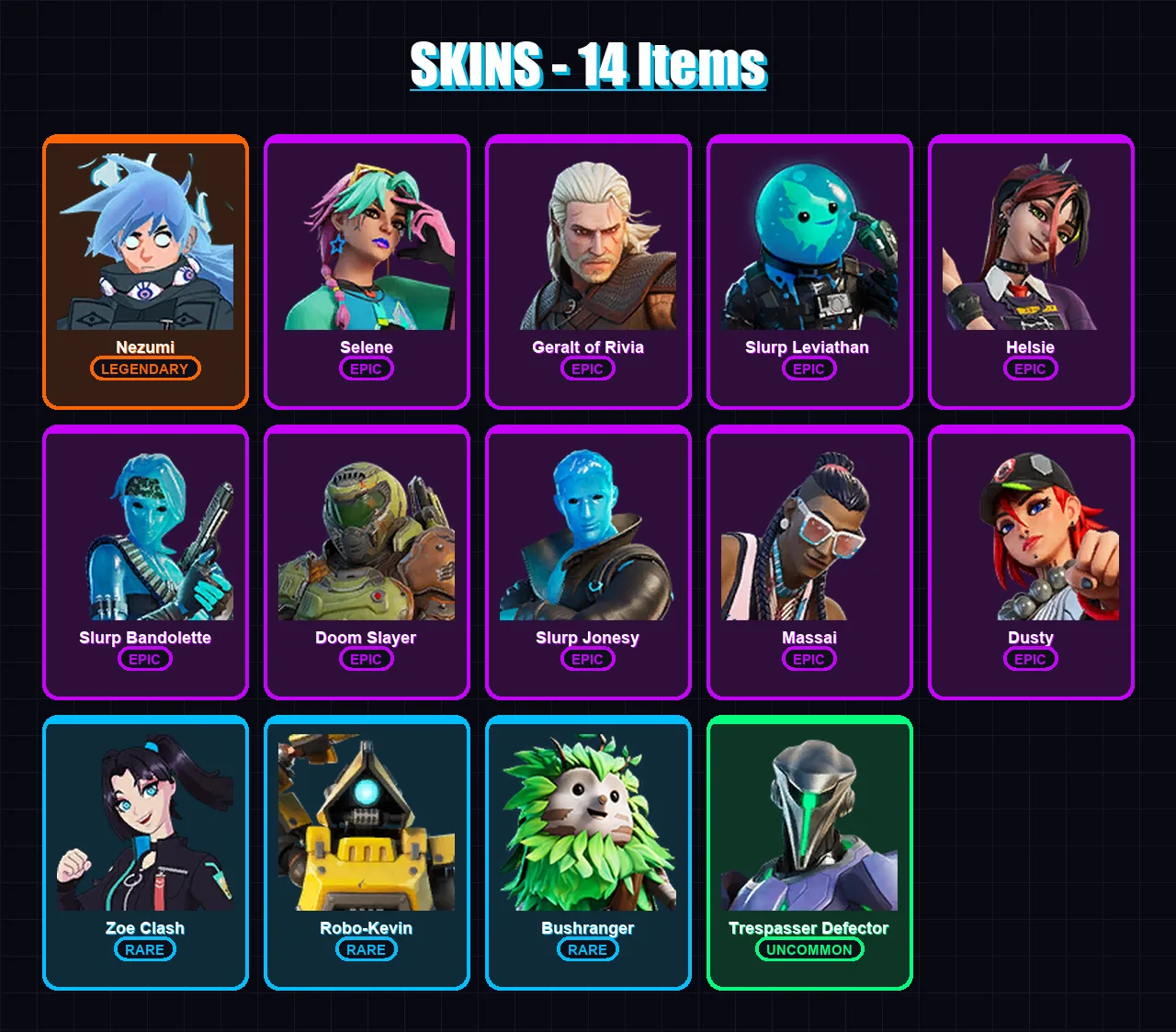 [PC/PSN] | Nezumi | Selene | Geralt of Rivia | Slurp Leviathan  | Helsie | 14 skin | 19 pickaxe | 18 emote | 17 glider | Lv238