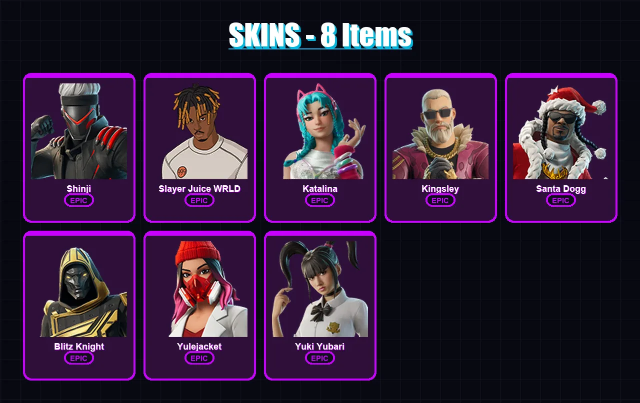 [PS4/PS5/XBOX/PC] | Shinji | Slayer Juice WRLD | Katalina | Kingsley | Santa Dogg | 8 skin | 56 pickaxe | 27 emote | 40 glider | Lv394