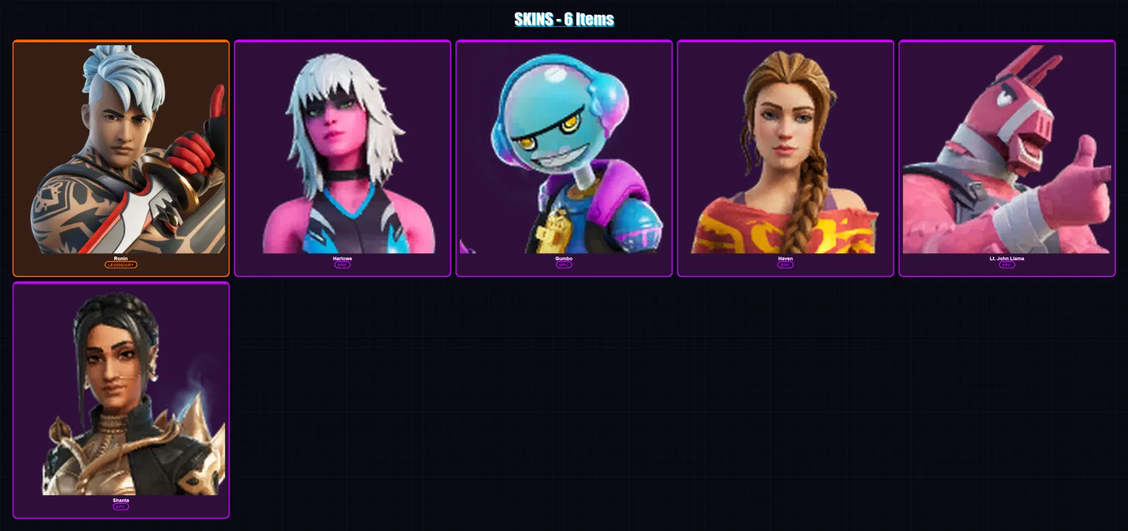 [PC/XBOX/PSN] | Ronin | Harlowe | Gumbo | Haven | Lt. John Llama | 6 skin | 10 pickaxe | 10 emote | 12 glider | Lv152 — Game account
