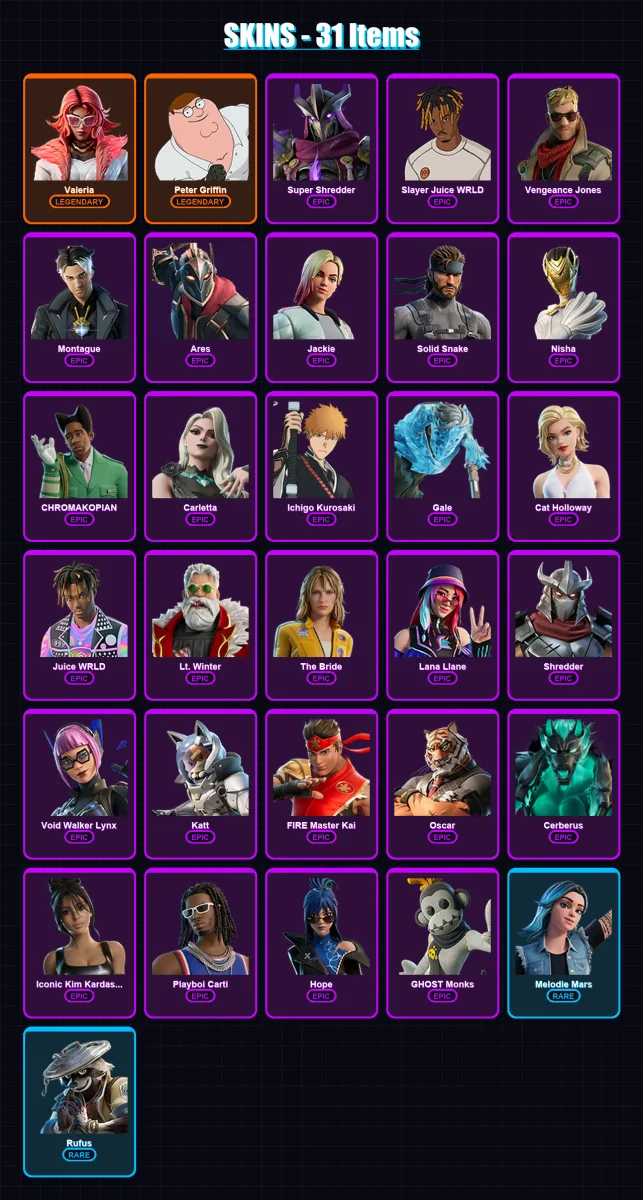 [PC/PSN] | Valeria | Peter Griffin | Super Shredder | Slayer Juice WRLD | Vengeance Jones | 31 skin | 39 pickaxe | 30 emote | 21 glider | Lv270