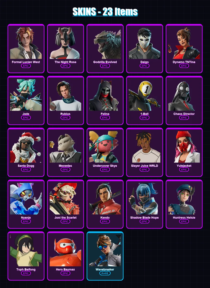 [PC/XBOX/PSN] | Formal Lucien West | The Night Rose | Godzilla Evolved | Daigo | Dynamo TNTina | 23 skin | 47 pickaxe | 24 emote | 31 glider | Lv451