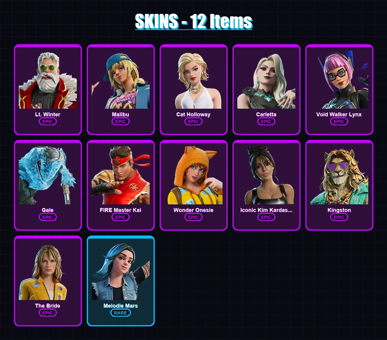 [PC/XBOX] | Lt. Winter | Malibu | Cat Holloway | Carletta | Void Walker Lynx | 12 skin | 17 pickaxe | 11 emote | 11 glider | Lv44