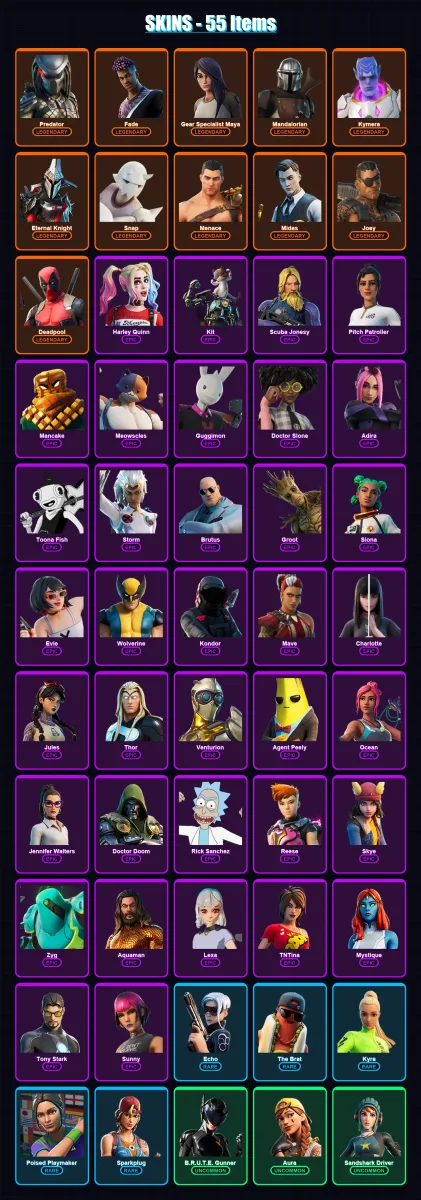 [PS4/PS5/XBOX/PC] | Predator | Fade | Gear Specialist Maya | Mandalorian | Kymera | 55 skin | 58 pickaxe | 63 emote | 52 glider | Lv1104