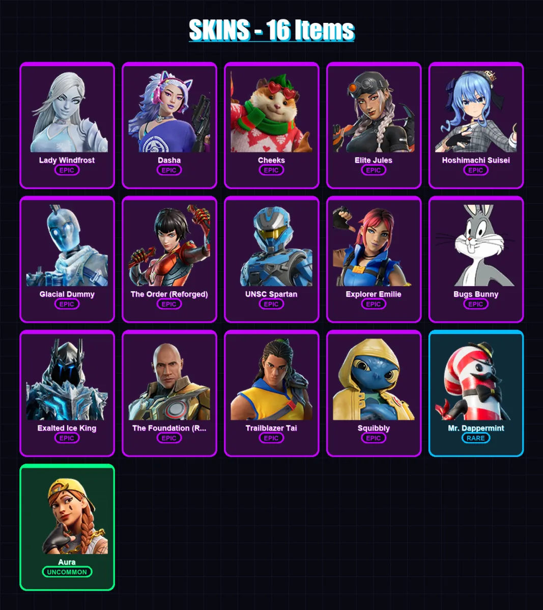 [PS4/PS5/XBOX/PC] | Lady Windfrost | Dasha | Cheeks | Elite Jules | Hoshimachi Suisei | 16 skin | 45 pickaxe | 26 emote | 35 glider | Lv647