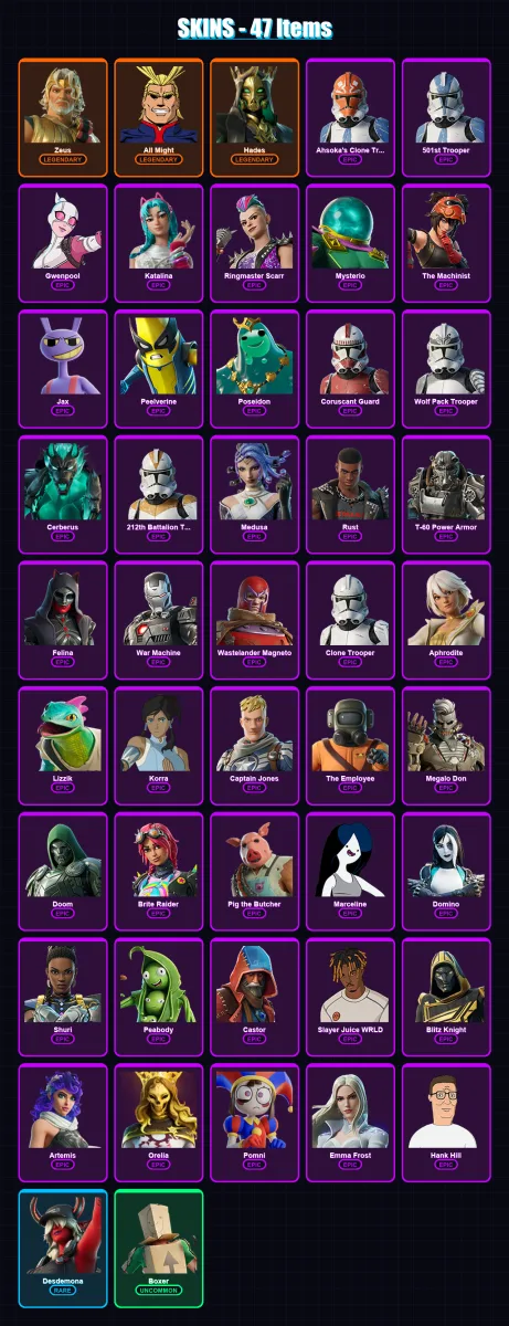 [PC/XBOX/PSN] | Zeus | All Might | Hades | Ahsoka's Clone Trooper | 501st Trooper | 47 skin | 81 pickaxe | 60 emote | 55 glider | Lv674