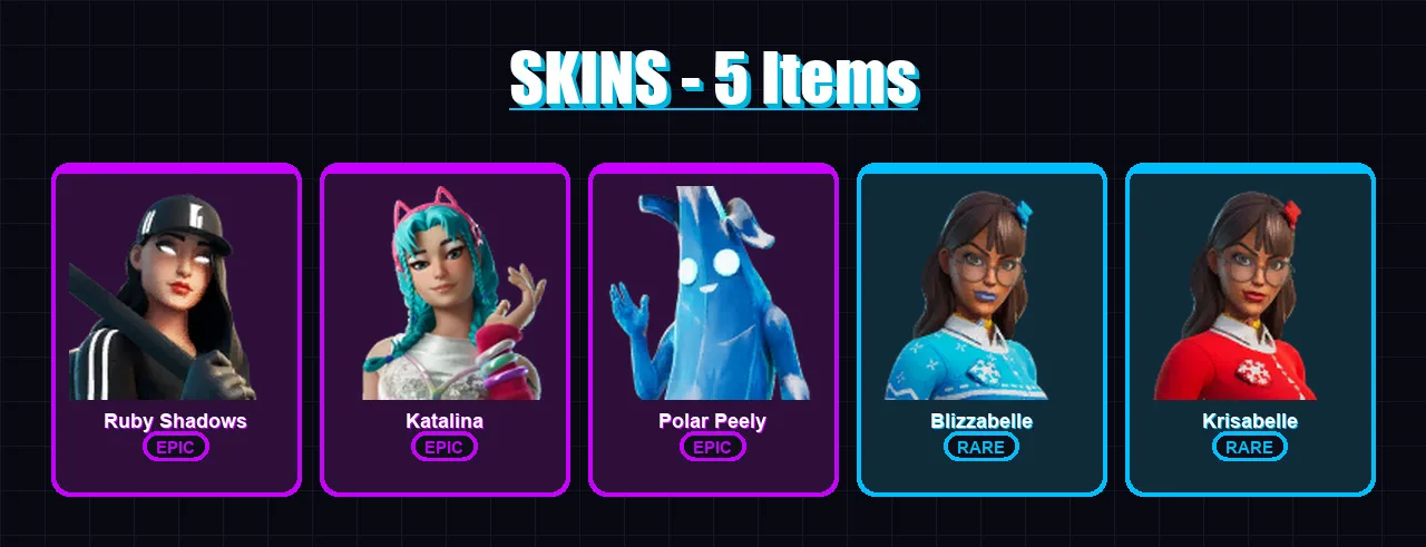 [PC/XBOX/PSN] | Ruby Shadows | Katalina | Polar Peely | Blizzabelle | Krisabelle | 5 skin | 11 pickaxe | 9 emote | 10 glider | Lv175