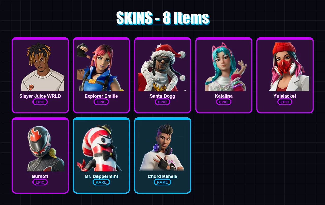 [PC/XBOX] | Slayer Juice WRLD | Explorer Emilie | Santa Dogg | Katalina | Yulejacket | 8 skin | 20 pickaxe | 10 emote | 11 glider | Lv218