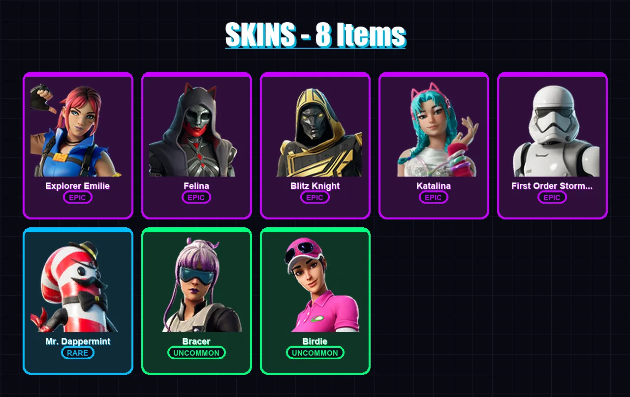 [PC/XBOX/PSN] | Explorer Emilie | Felina | Blitz Knight | Katalina | First Order Stormtrooper | 8 skin | 24 pickaxe | 10 emote | 14 glider | Lv405