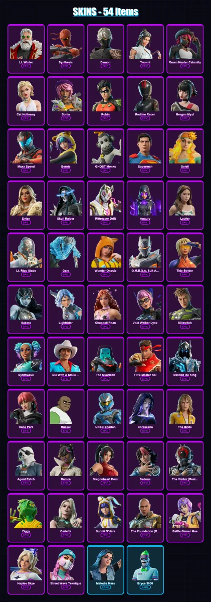 [PC/XBOX/PSN] | Lt. Winter | Synthesis | Damon | Yoo-mi | Omen Hunter Calamity | 54 skin | 56 pickaxe | 42 emote | 27 glider | Lv257