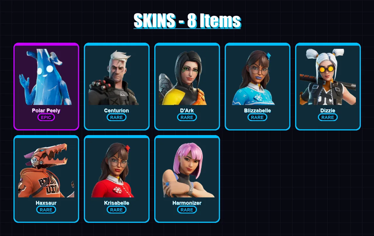 [PC/XBOX/PSN] | Polar Peely | Centurion | D'Ark | Blizzabelle | Dizzie | 8 skin | 19 pickaxe | 22 emote | 17 glider | Lv386